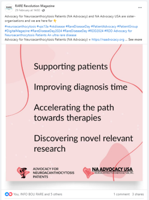 NA Advocacy post during social media takeover of Rare Revolution Magazine on Rare Disease Day, 29 February 2024. NA mission: supporting patients; improving diagnosis time; accelerating the path towards therapies; discovering novel relevant research. 