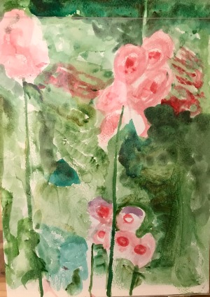 Watercolour painting, pink flowers in a garden