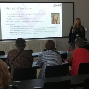 Michaela Winkelmann from the German Association for Huntington Support (DHH) as he spoke to an audience of patients, family members and carers at the 11th International Symposium on NA Syndromes, September 2023, Homburg, Germany
