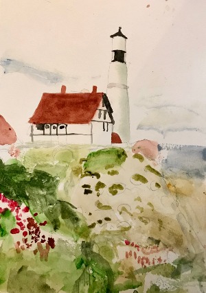 Watercolour painting, cottage and lighthouse on a wild beach 