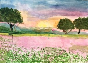 Watercolour painting,, sunny landscape with trees and field 
