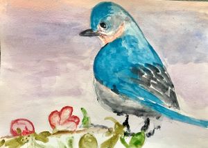 Watercolour painting, blue bird on a branch with blossoms